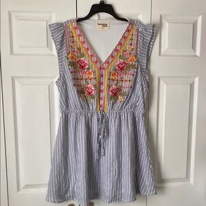 Blue Striped Embroidered Women's Top